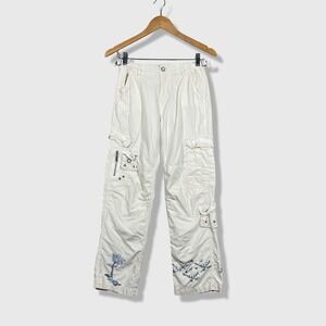 Da Nang Cargo Pants Womens M White Embroidered Floral Birds Y2K Boho Grunge